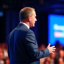 A speaker presenting at a corporate event.