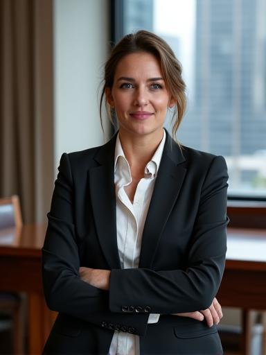 Confident corporate CEO headshot in an elegant office setting.